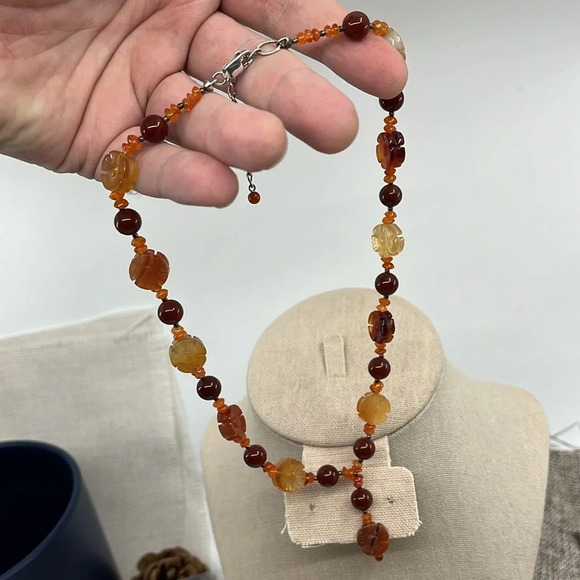 Vintage Amber & Red Jasper Flower Bead Necklace - 925 Silver, Adjustable 16-20" - Picture 11 of 11